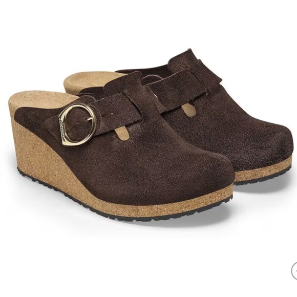 Papillio by Birkenstock Shoes - Papillio by Birkenstock Suede Wedge Fanny Mule 38 Dark Tea